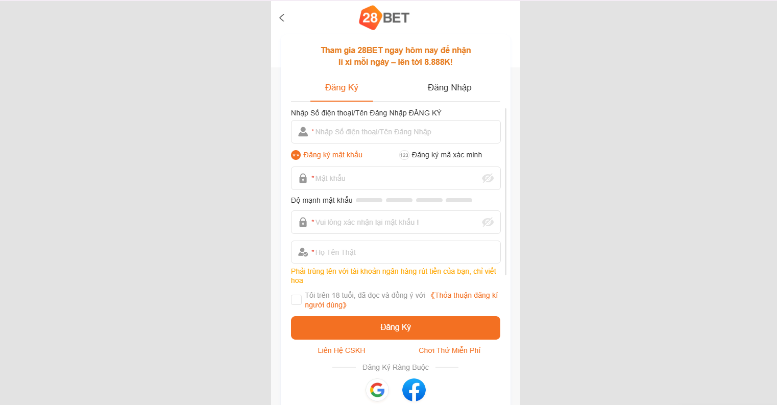 28BET - Trang Chủ Nhà Cái Uy Tín Năm 2026 Tại Châu Á 22 Biểu mẫu điền thông tin người dùng khi đăng ký trở thành hội viên 28BET